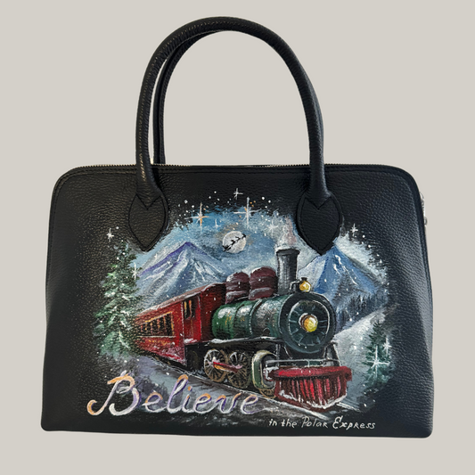 Hand-painted Christmas Leather Bag "Polar Express", Winter Holiday bag - SashaSavonaStyle