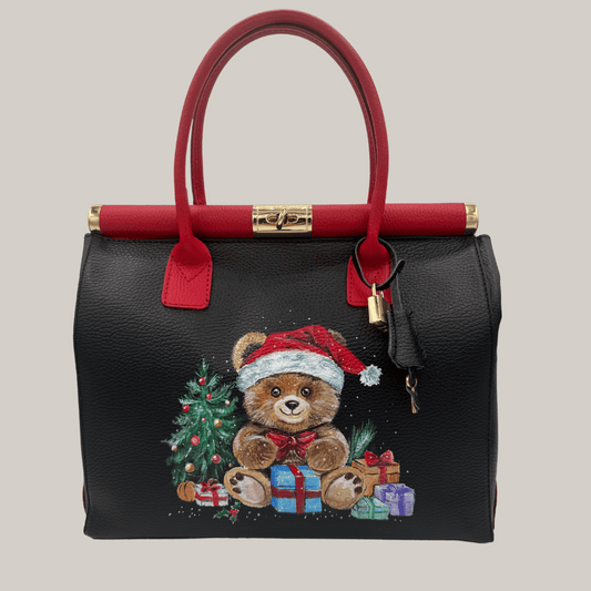 Hand-Painted Christmas Teddy Bear Bag – Genuine Leather, Made in Italy - SashaSavonaStyle