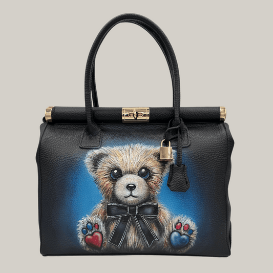 Hand-Painted Leather Handbag Teddy Bear With Black Bow | Italian Leather Handbag - SashaSavonaStyle