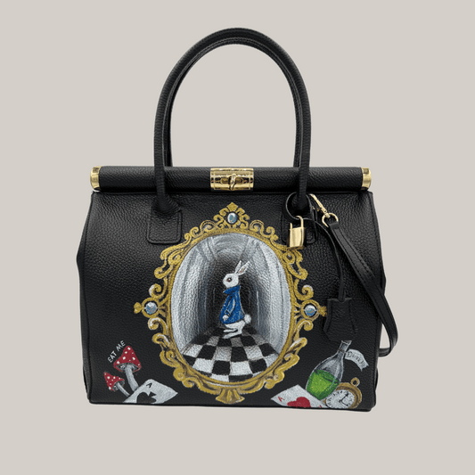 Alice In Wonderland Inspired Hand-Painted Leather Bag | The White Rabbit in the checkered hallway